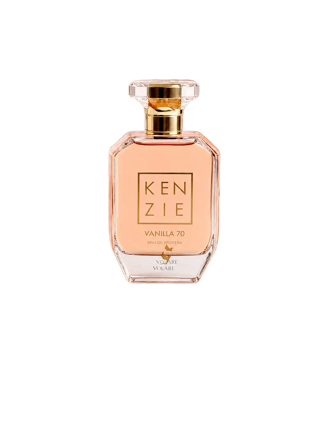 Photo du flacon facetté pêche rosé à capot cristal Vanilla 70 par Volaré by Kenzie, composition fruitée et enveloppante autour de vanille, poire