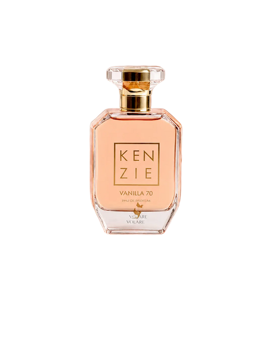 Photo du flacon facetté pêche rosé à capot cristal Vanilla 70 par Volaré by Kenzie, composition fruitée et enveloppante autour de vanille, poire